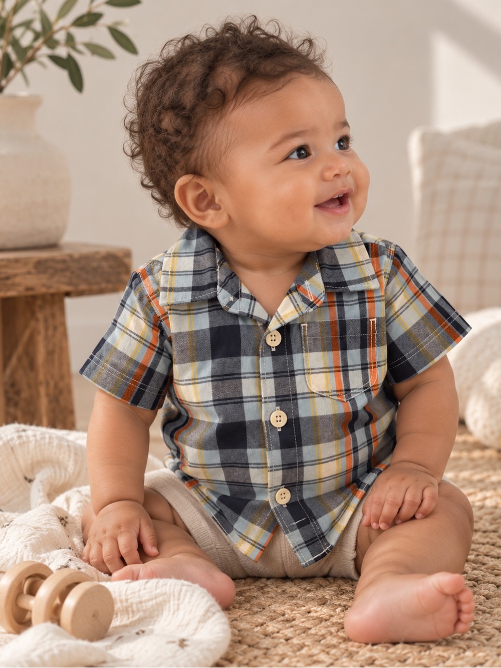 GAP Plaid Short-Sleeve Button-Down Shirt - Navy, Orange & Cream